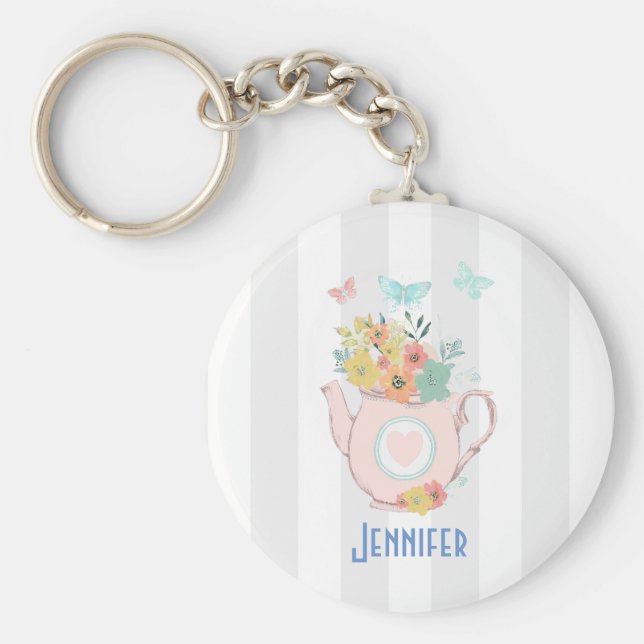 Porte-clés Pink Teapot with Flowers & Butterflies (Devant)