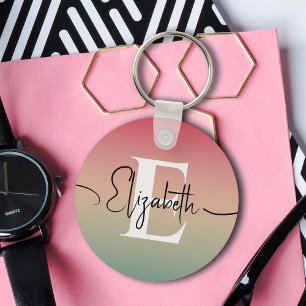 Porte-clés Pink Yellow & Green Gradient Nom du script Monogra