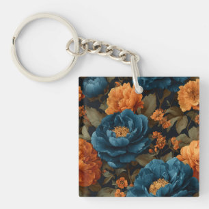 Porte-clés Pivoines Bleu Profond et Orange Doré