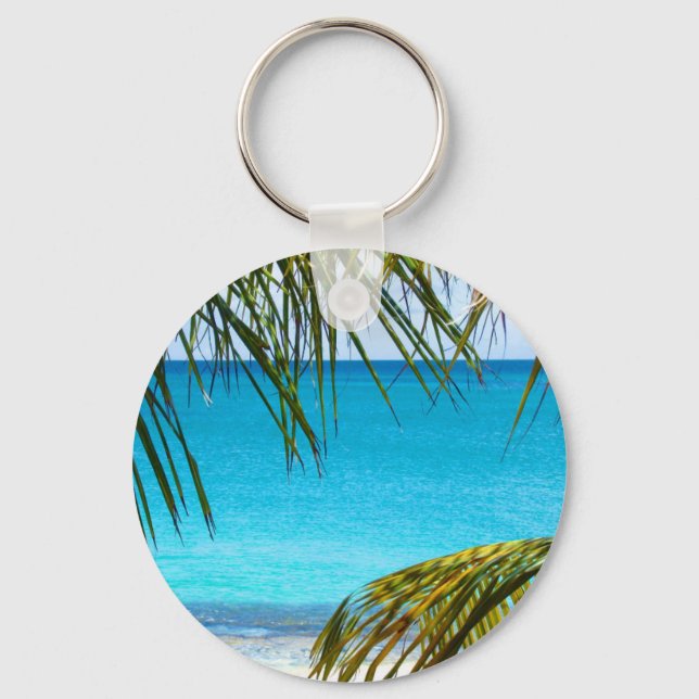 Porte-clés Plage tropicale encadrée de palmiers (Recto)
