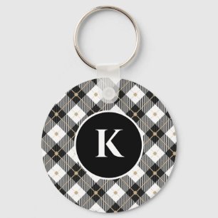 Porte-clés Plaid noir blanc or personnalisé avec monogramme