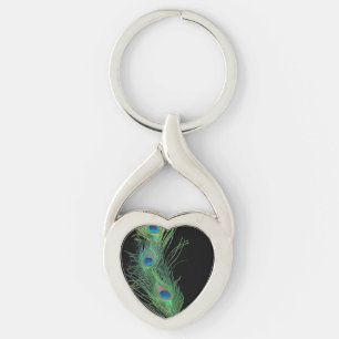Porte-clés Plume noire et verte de paon