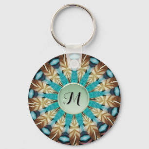 Porte-clés Plumes Turquoise, marron, bleu et vert Mandala