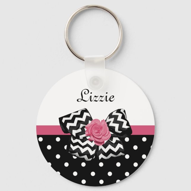 Porte-clés Points noirs mignons Rose rose Chevron Bow et nom (Recto)