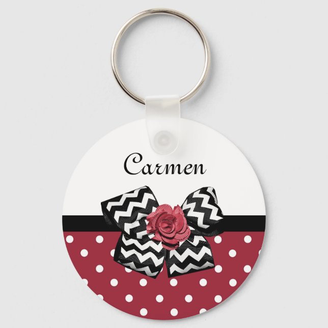 Porte-clés Pois rouge et blanc mignon Rose Chevron Bow (Recto)