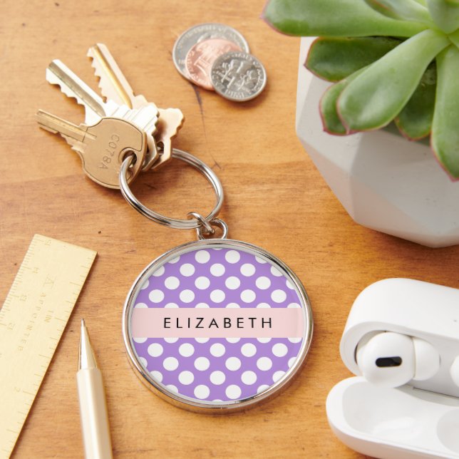 Porte-clés Pois violets, Motif Pointe Polka, Votre Nom (Bureau)