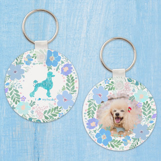 Porte-clés Poodle Floral Personnalisé Bleu Pastel Nom & Photo