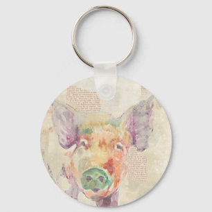Porte-clés Porc de collage de ferme d'aquarelle