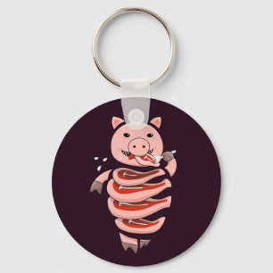 Porte-clés Porc drôle mangeant des biftecks de lui-même