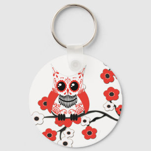 Porte-clés Porte - clé blanc rouge de hibou de fleurs de