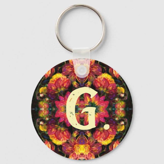 Porte-clés Porte - clé Dahlias Jaune et Rose avec monogramme (Recto)