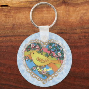 Porte-clés Porte - clé d'oiseaux du coeur jaune