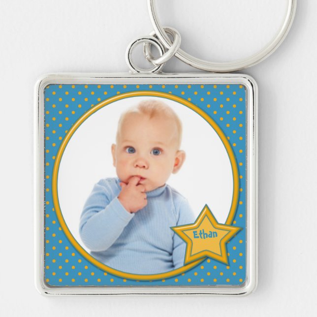 Porte-clés Porte - clé photo Polka bleu et jaune (Devant)