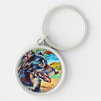 Porte-clés Portrait Artistique de Border Collie Paysage Scéni