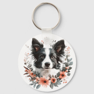 Porte-clés Portrait de Border Collie avec cadre floral