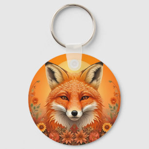 Porte-clés Portrait majestueux d'un renard entouré de fleurs 