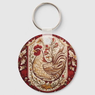 Porte-clés Poule vintage rouge et crème florale