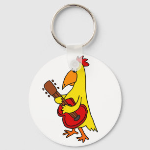Porte-clés Poulet jaune drôle jouant la guitare