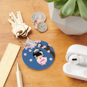 Porte-clés Poupée blanche Kimono Kokeshi - mignonne Geisha Gi