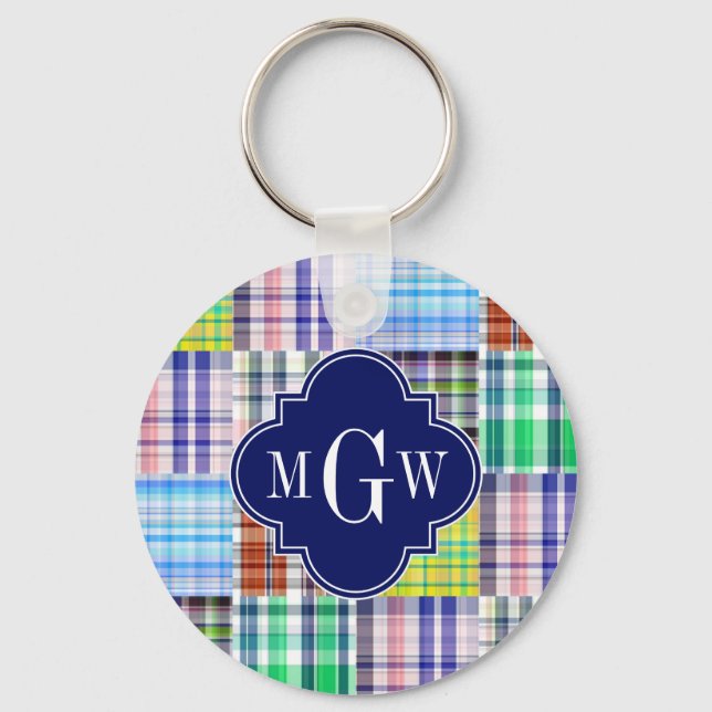 Porte-clés Preppy Patchwork Madras Navy Quatrefoil Monogramme (Recto)