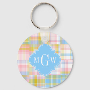 Porte-clés Preppy Patchwork Madras Pastel Quatrefoil Initials