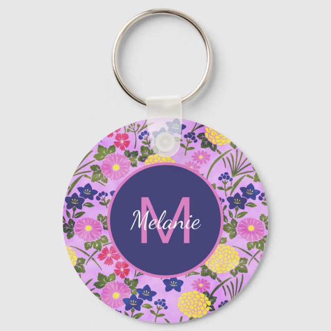 Porte-clés Pretty Purple Vintage Flower Pattern Personalised (Recto)
