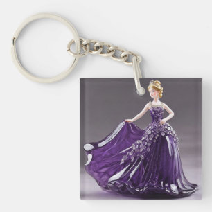 Porte-clés princesse en verre cristal avec robe violette