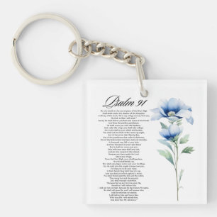 Porte-clés Psaume 91 Aquarelle Fleur Bleue Écritures Biblique