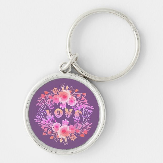 Porte-clés Purple LOVE dans l'aquarelle Fleurs (Devant)