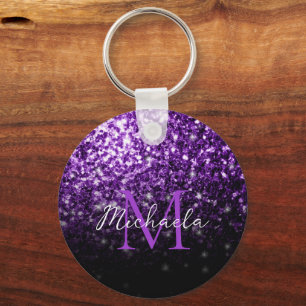 Porte-clés Purple Pink Ombre faux scintillant Monogramme