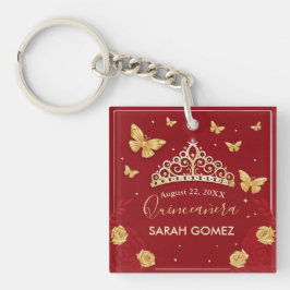 Porte-clés Quinceanera d'or Rose rouge