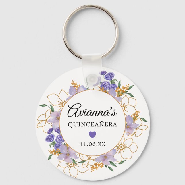 Porte-clés Quinceanera Purple Gold Floral Party Favoriser (Recto)