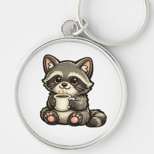 Porte-clés Raton laveur mignon avec café – Animal Kawaii Cozy