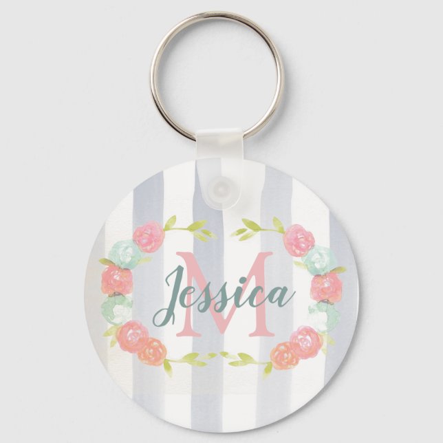 Porte-clés Rayures d'aquarelle et monogramme floral (Recto)