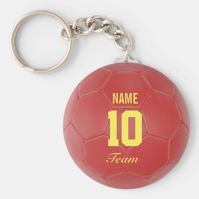 Porte-clés Red and Yellow Team Soccer Ball Nom personnalisé (Devant)