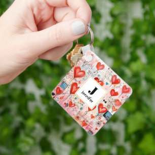 Porte-clés Red Hearts Whimsical Love Motif Monogramme