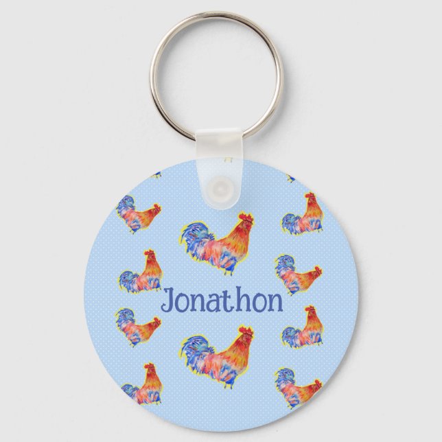Porte-clés Red Rooster Chickens Boys Joyeux Anniversaire Nom (Recto)
