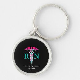Porte-clés Registered Nurse Medical Pink Teal Caduceus Name