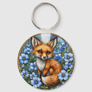 Porte-clés 🦊 Renard Adorable Bloom Glow 💙 Floral Bleu Vibra