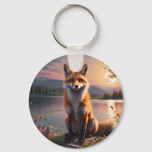 Porte-clés Renard assis au bord du lac au coucher du soleil.