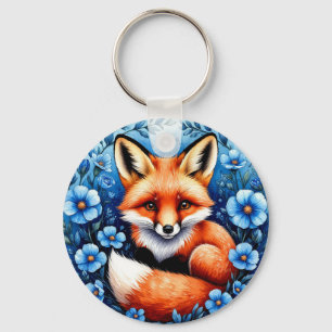 Porte-clés Renard Entouré de Fleurs Bleues