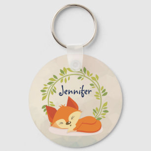 Porte-clés Renard orange dormant mignon avec couronne Feuille