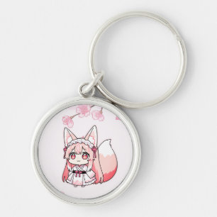 Porte-clés Renarde Chibi Rose Pastel avec Fleur de Cerisier