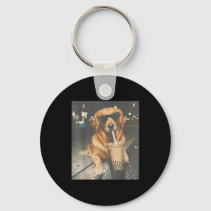 Porte-clés Retriever doré drôle buvant du thé aux perles amat