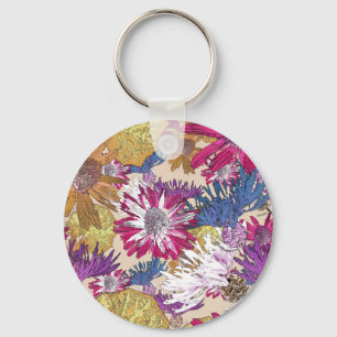 Porte-clés Rétro, floral, fleurs rouges, bouquet, fleurs bleu