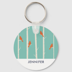 Porte-clés Rétro Orange Birds on Birch Trees