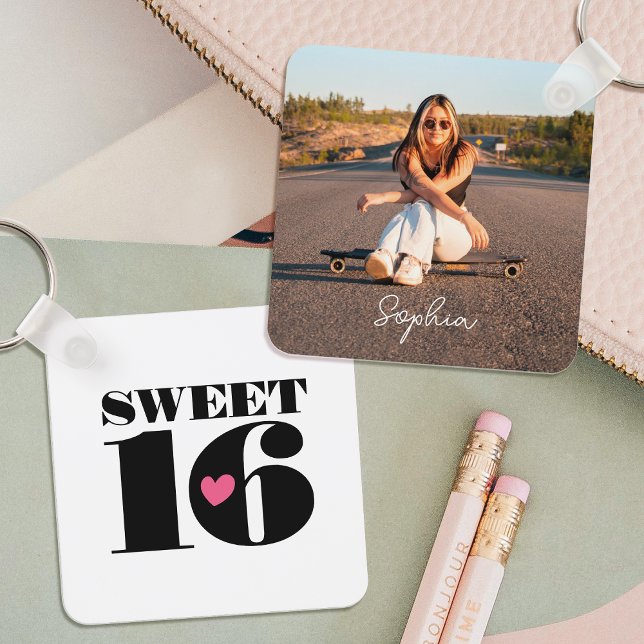 Porte-clés Retro Sweet 16 Anniversaire Nom de l'Ado Photo Bla (Créateur téléchargé)