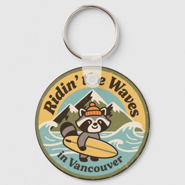 Porte-clés Retro Vancouver Surfing Raccoon (Recto)