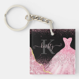 Porte-clés Robe Pailletée Aquarelle Rose Clair Monogramme
