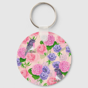 Porte-clés Robin et fleurs, motif aquarelle